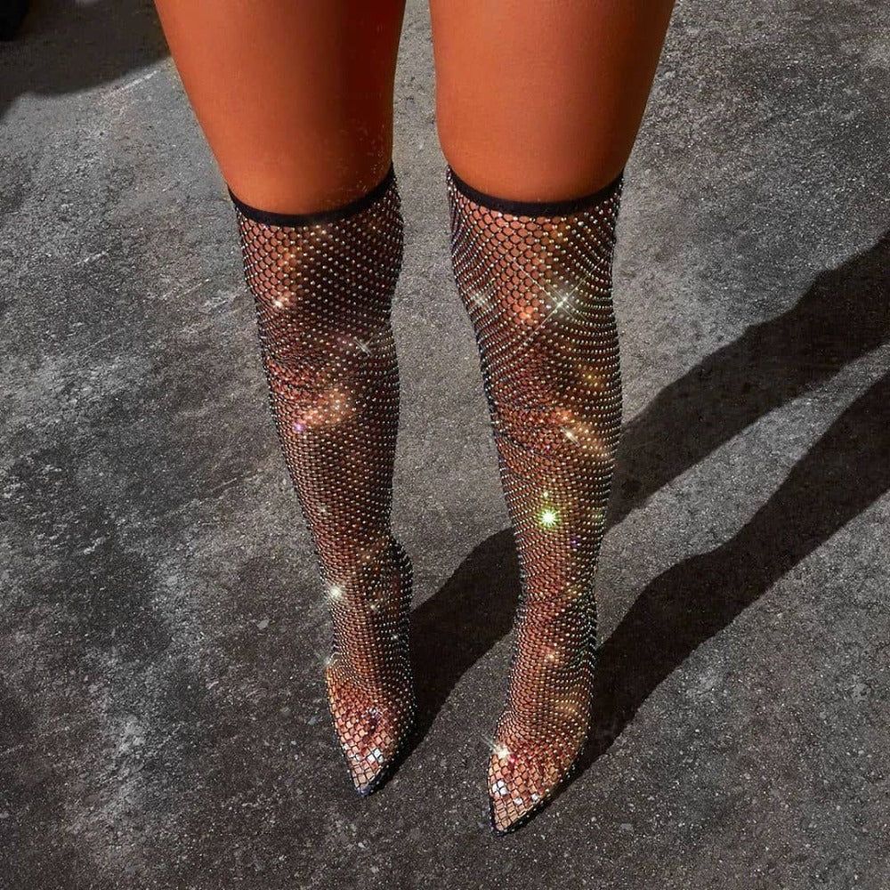 Glimmer Over The Knee Rhinestone Mesh Heel Boots - Image 8