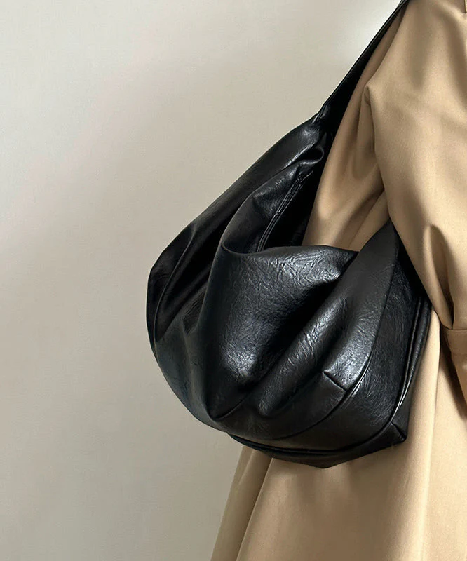 Black Large Capacity Faux Leather Satchel Handbag - Image 3
