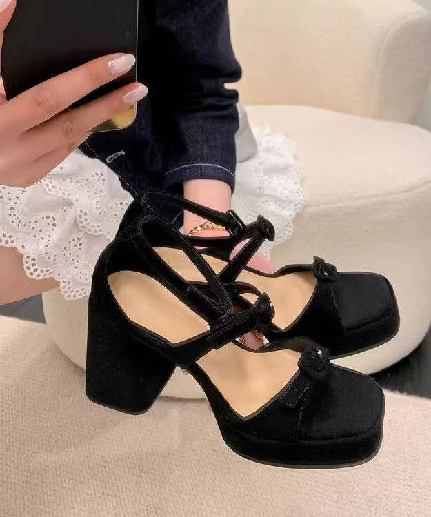 Black Sandals Chunky Heel Suede Comfy Hollow Out Sandals - Image 5