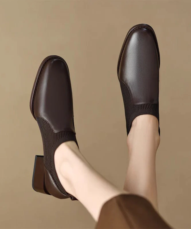 Black Splicing Chunky Heel Cowhide Leather Penny Loafers - Image 4
