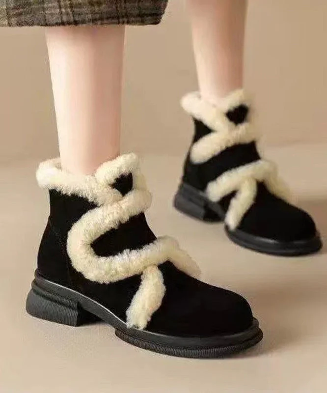 Black Splicing Suede Chunky Boots Fuzzy Wool Lined - Image 3