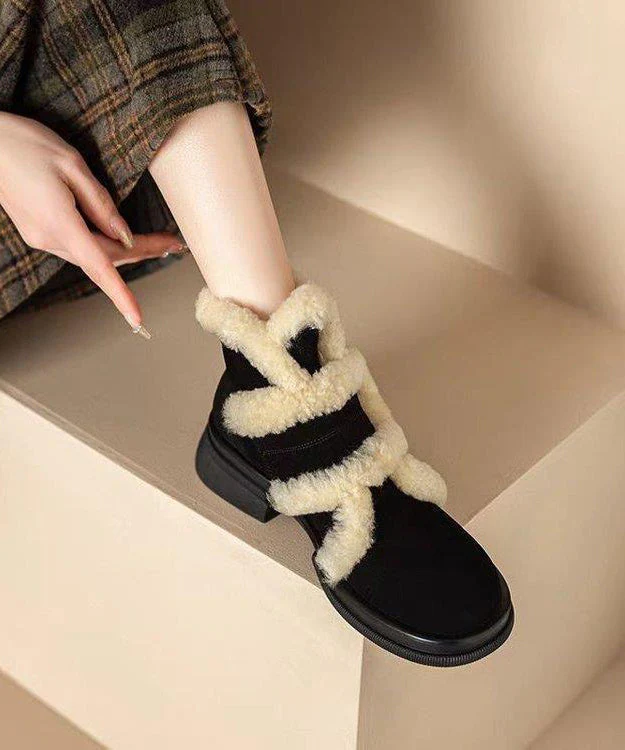 Black Splicing Suede Chunky Boots Fuzzy Wool Lined - Image 5