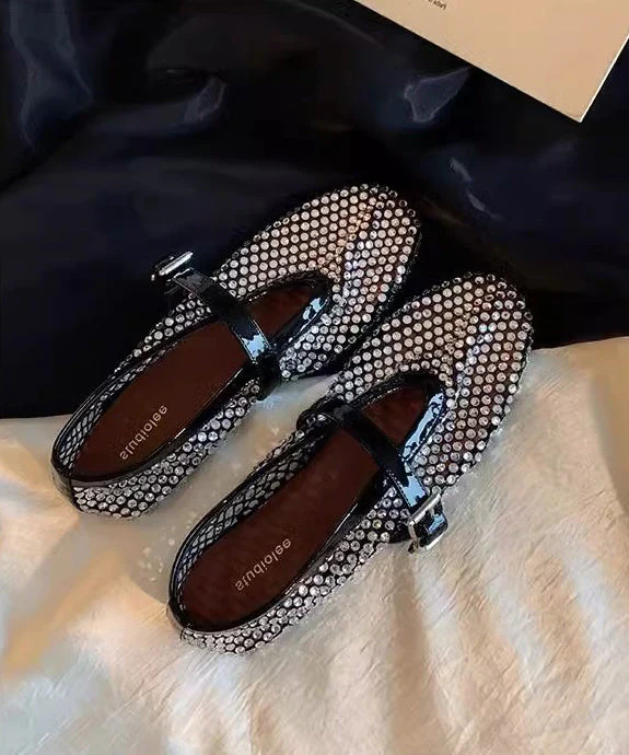 Black Walking Sandals Comfy Splicing Hollow Out Zircon Buckle Strap - Image 5
