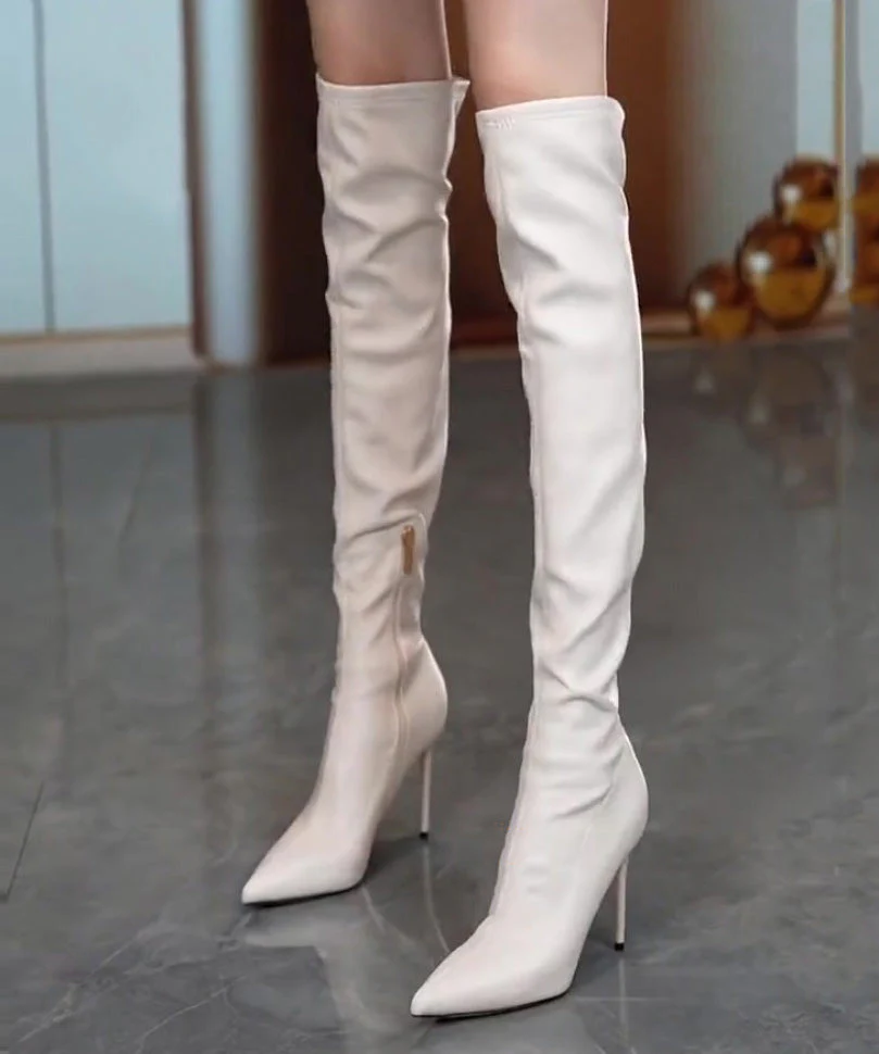 Black Zippered Splicing Stiletto Knee Boots - Image 2