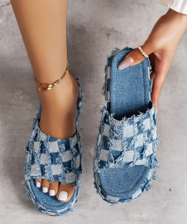 Blue Platform Bottom Denim Tassel Checkered Slide Sandals - Image 3