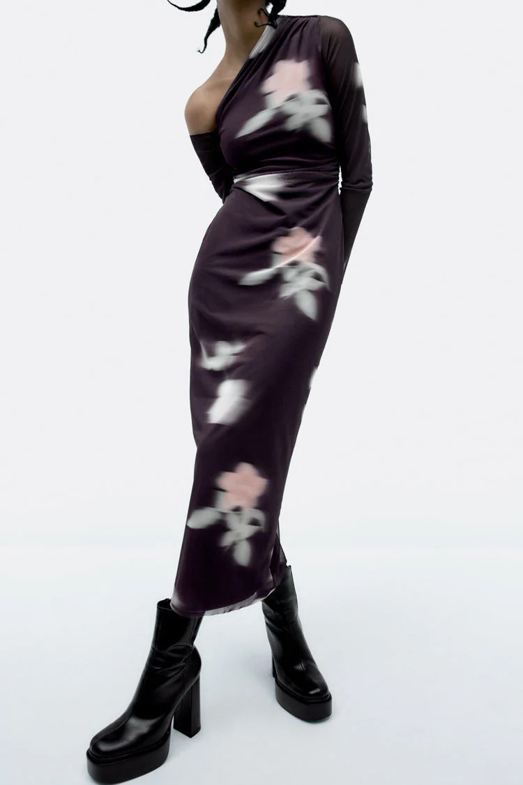 Blurry Floral Printed Long Sleeve Gathered Mesh Maxi Dress - Purple - Image 2