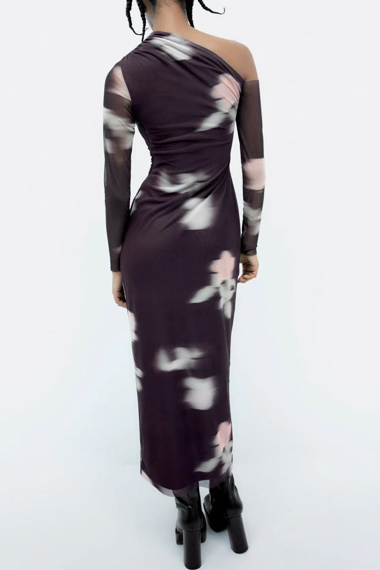 Blurry Floral Printed Long Sleeve Gathered Mesh Maxi Dress - Purple - Image 3