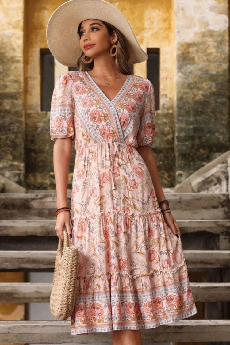 Boho Chic V Neck Ruffle Tiered Floral Printed Midi Dress - Pink - Image 2