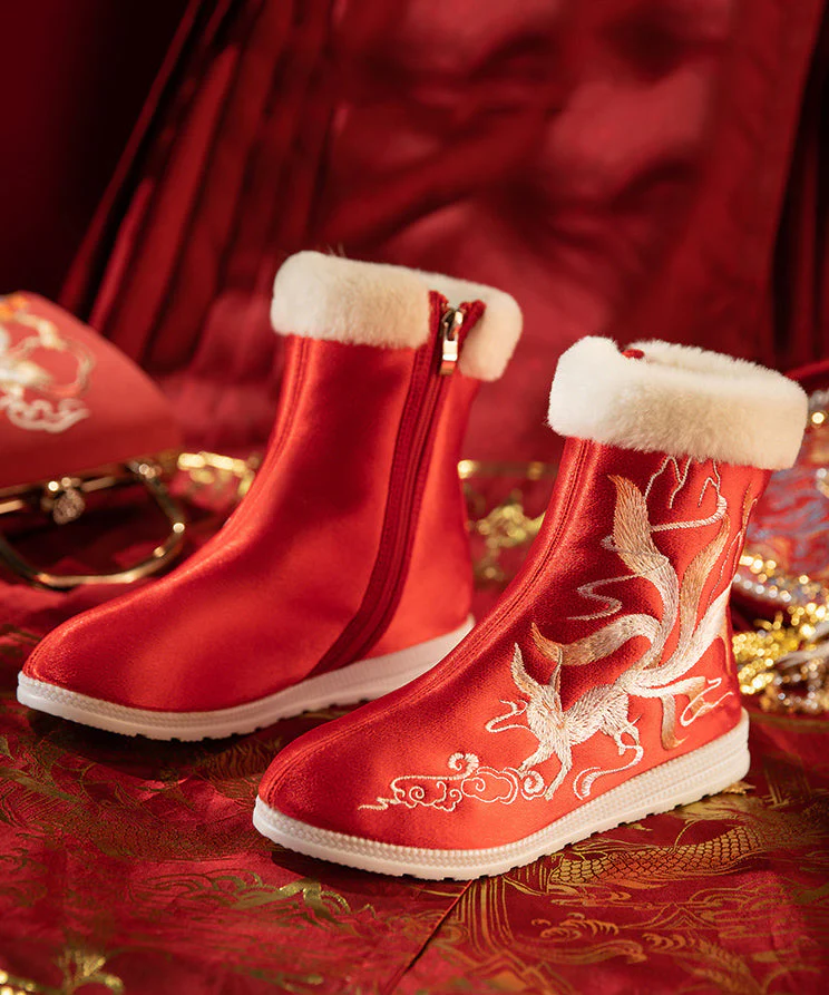 Boho Red Satin Embroidery Splicing Boots Fuzzy Wool Lined - Image 2