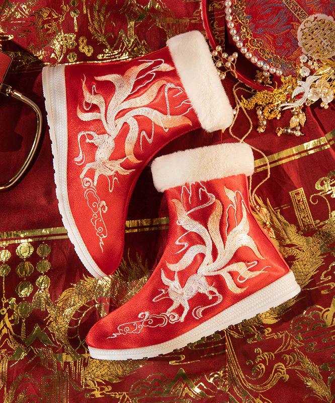 Boho Red Satin Embroidery Splicing Boots Fuzzy Wool Lined - Image 3