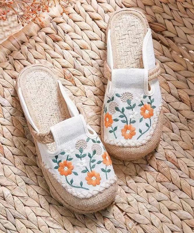 Boho Retro Black Linen Fabric Embroidery Slide Sandals - Image 2