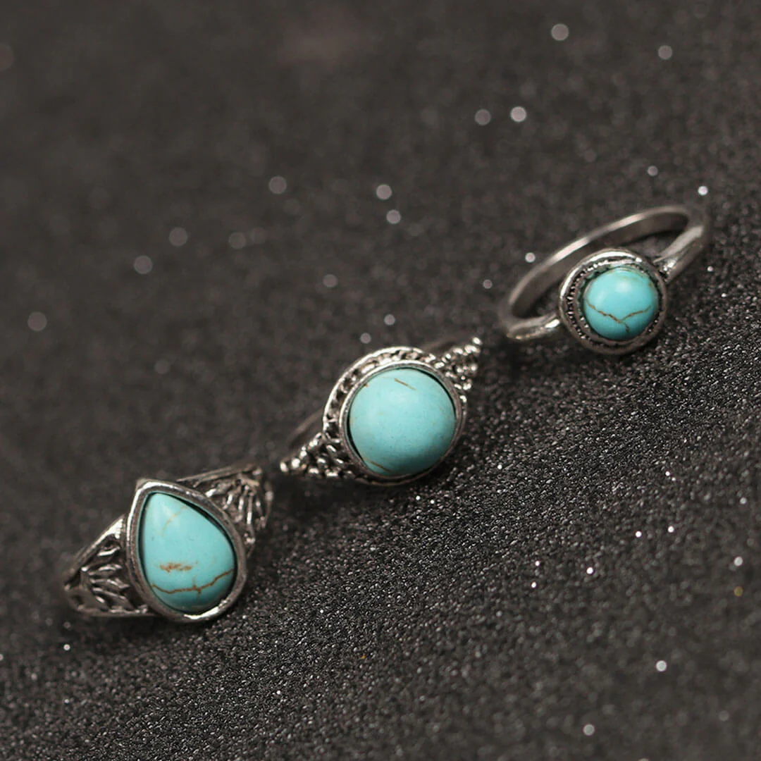 Multi Mix Stone Trimmed Embossed Ring Set - Silver - Image 2