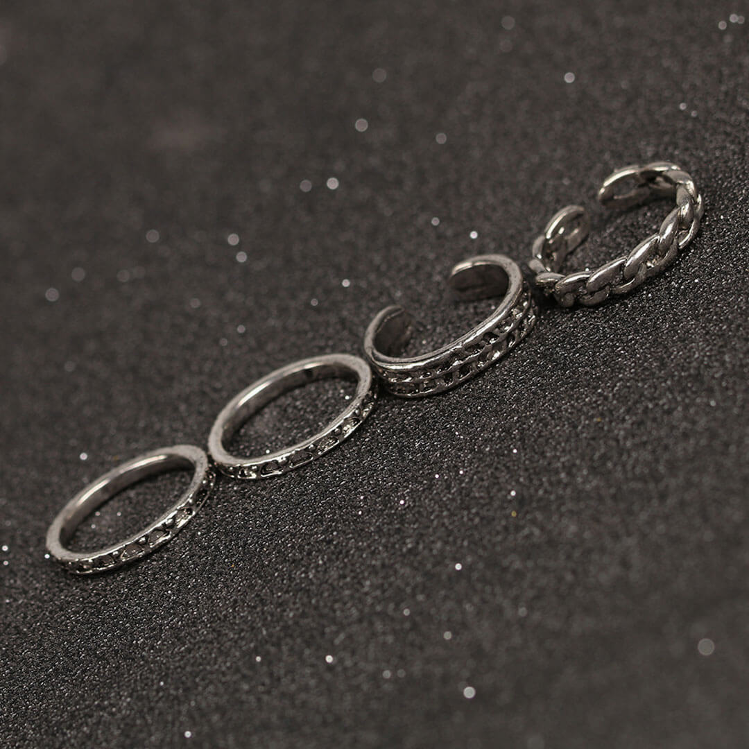 Multi Mix Stone Trimmed Embossed Ring Set - Silver - Image 3