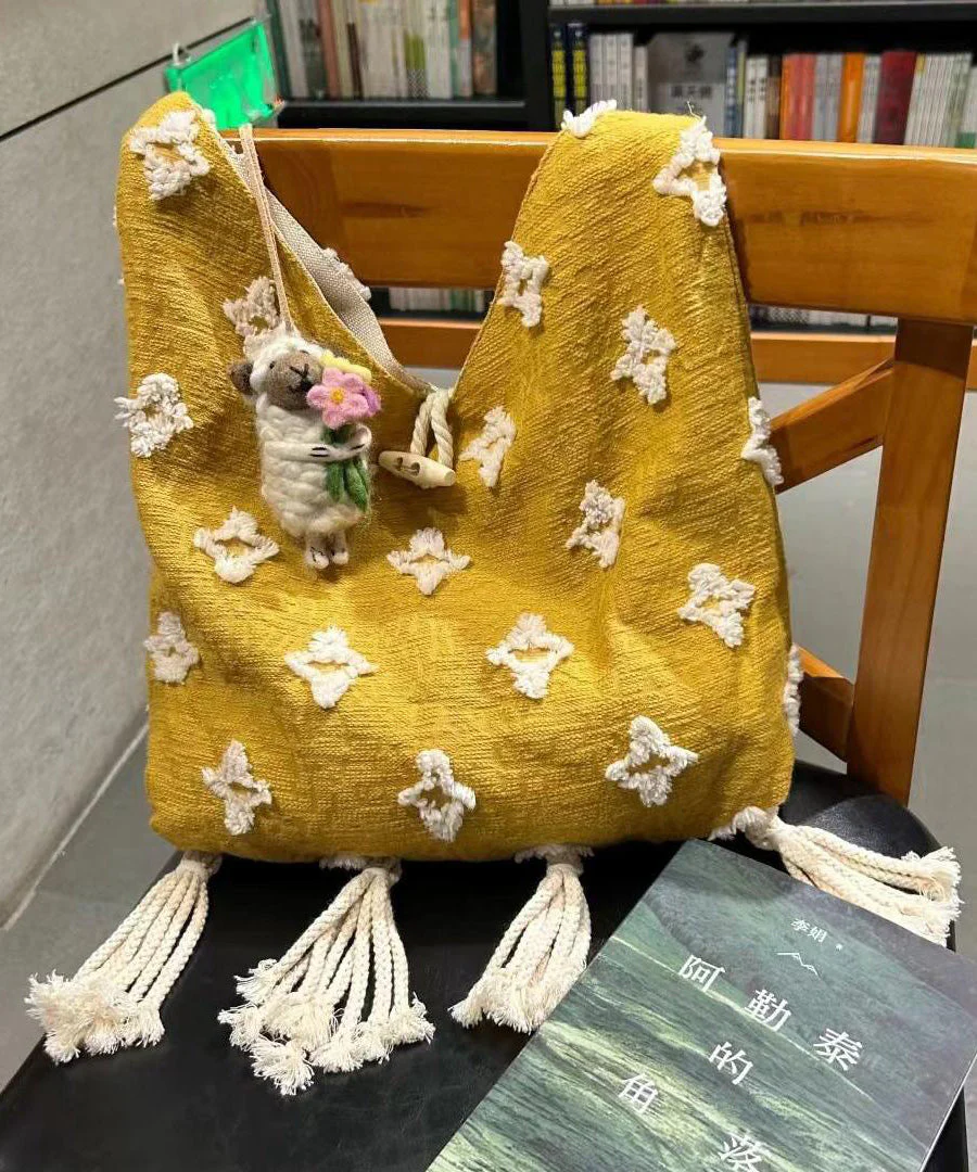Boho Yellow Tassel Canvas Messenger Bag - Image 2