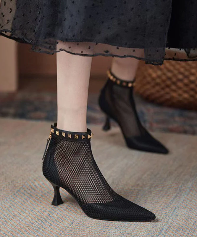 Boots Breathable Black Rivet Pointed Mesh Toe Splicing