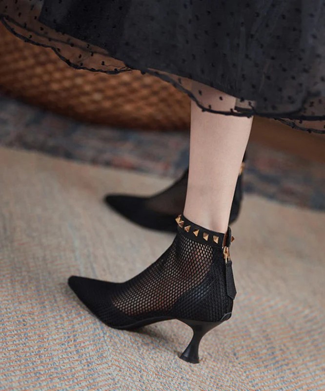 Boots Breathable Black Rivet Pointed Mesh Toe Splicing - Image 3