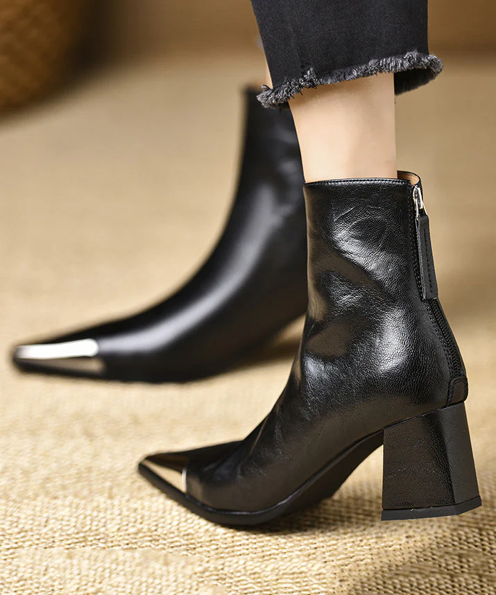 Boutique Black Cowhide Leather Splicing Chunky Boots Pointed Toe - Image 5