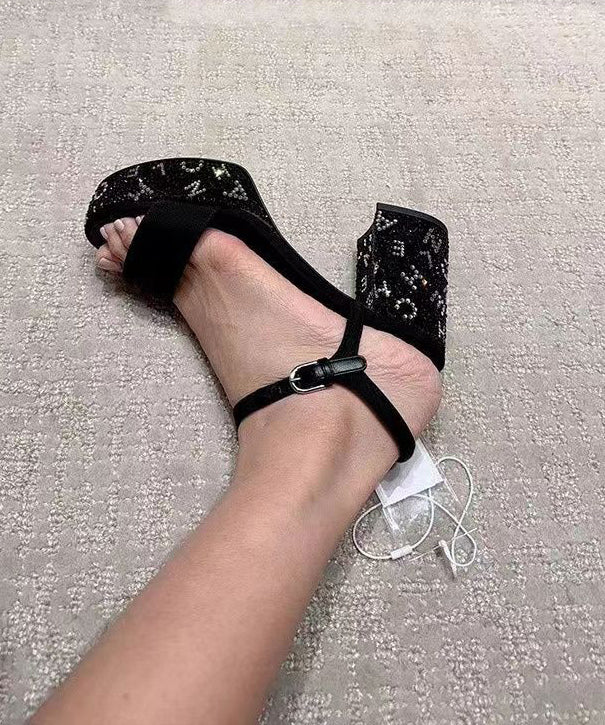 Boutique Black Sandals Chunky Heel Splicing Peep Toe Letter Zircon - Image 3
