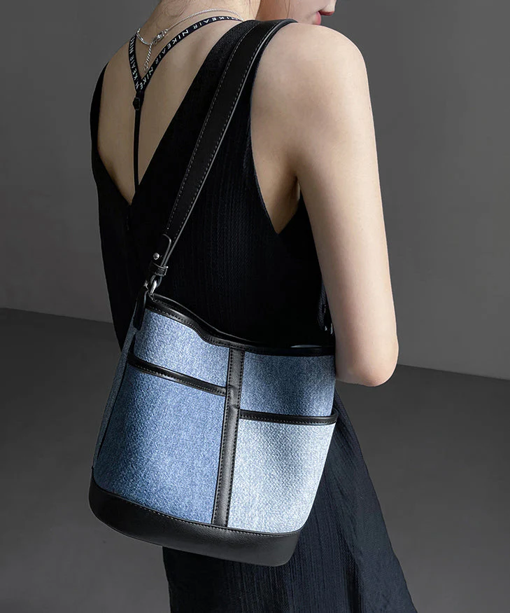 Boutique Denim Blue Patchwork Calf Leather Satchel Handbag - Image 5