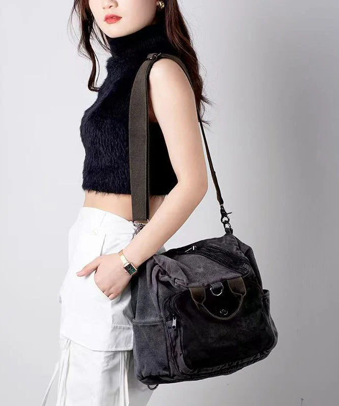Boutique Grey Versatile Calf Leather Patchwork Canvas Backpack Messenger Bag - Image 3