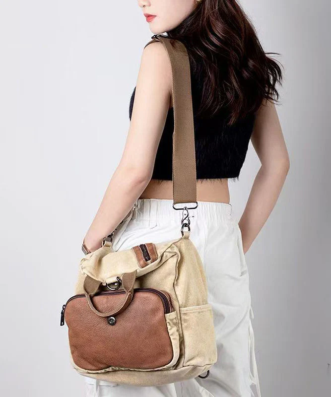 Boutique Grey Versatile Calf Leather Patchwork Canvas Backpack Messenger Bag - Image 4