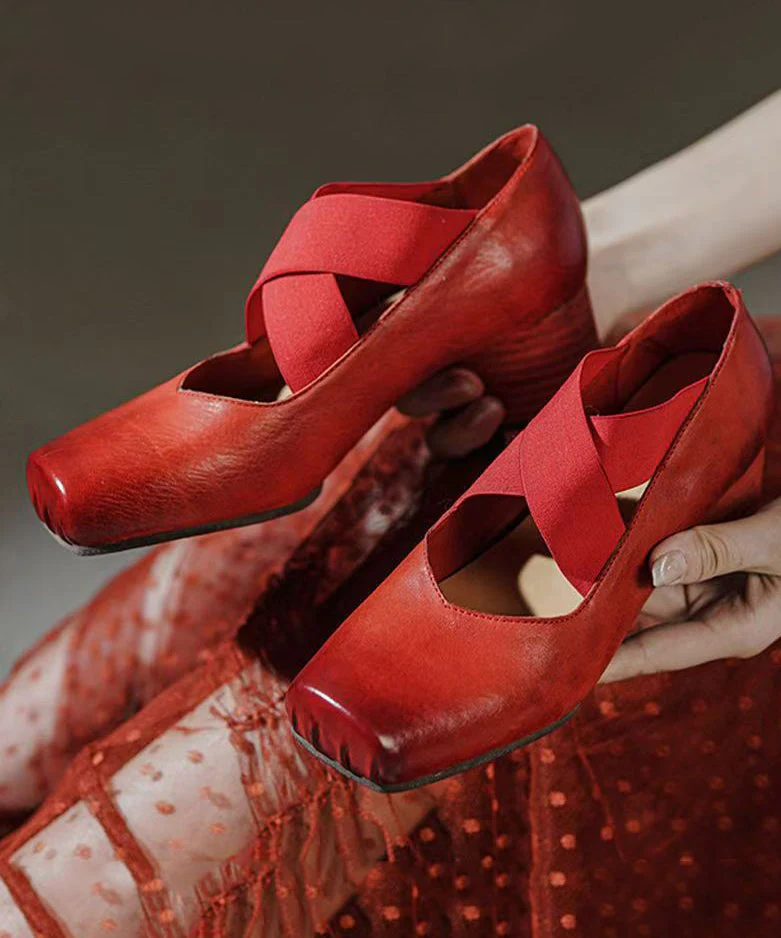 Boutique Heel Chunky Cross Red Strap Horsehide Leather Splicing - Image 5
