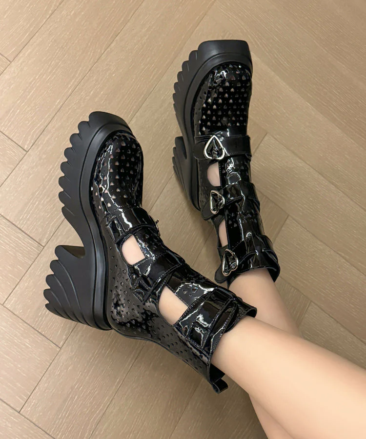 Boutique White Cowhide Leather Hollow Out Buckle Strap Splicing Boots - Image 4