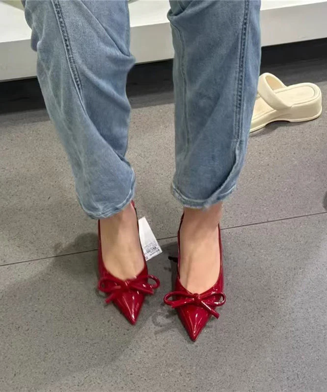 Bow Elegant High Heels Leather Red Splicing Stiletto Faux - Image 2