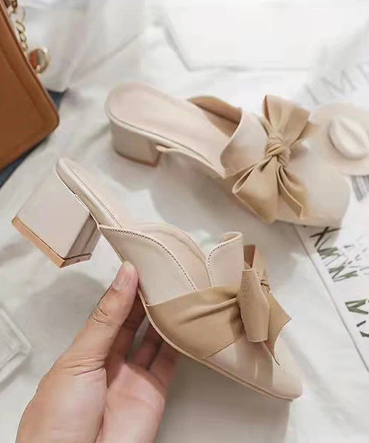 Bow Splicing Chunky Heel Beige Faux Leather - Image 3