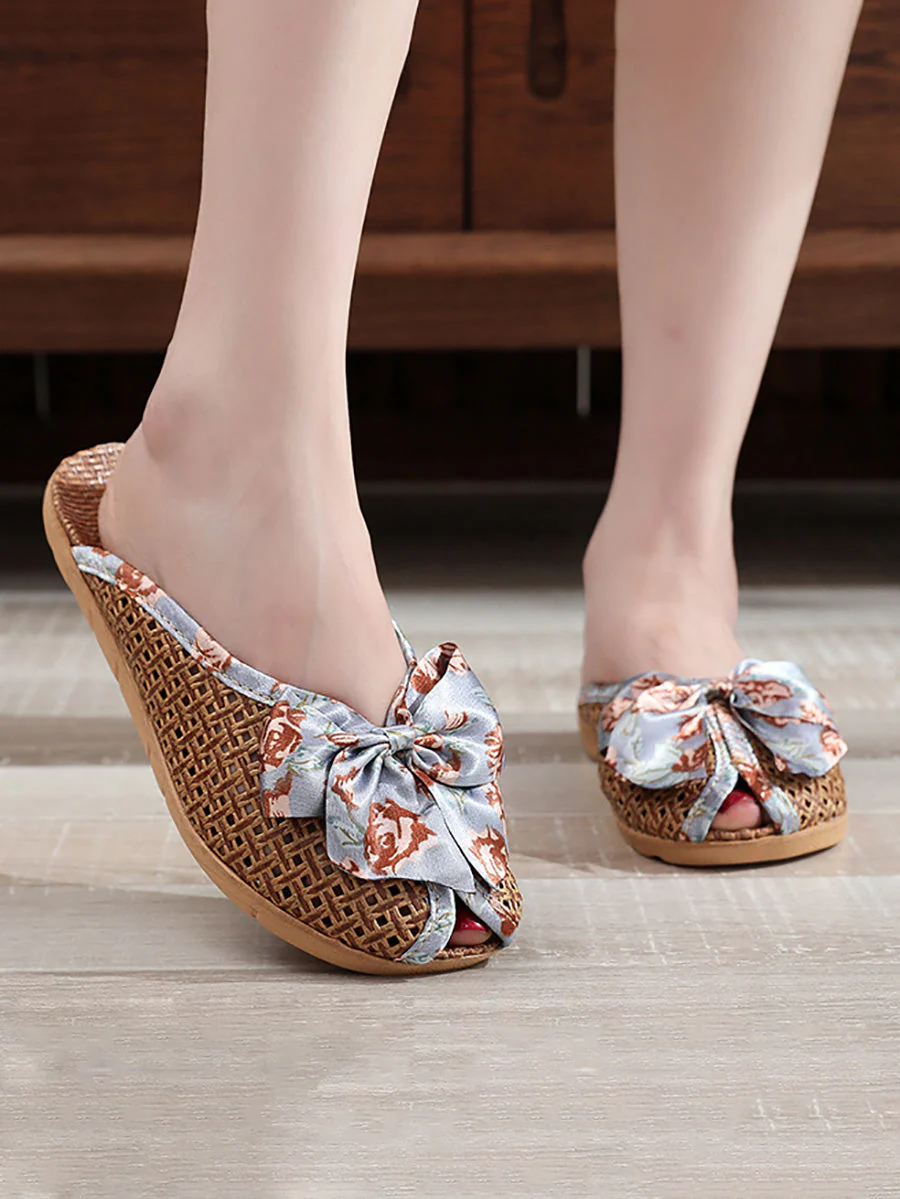 Bowknot Ethnic Weave Indoor Slippers Straw Flower - Image 2