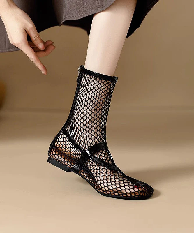 Breathable Zippered Boots Splicing Mesh Stylish Out Hollow Black - Image 5