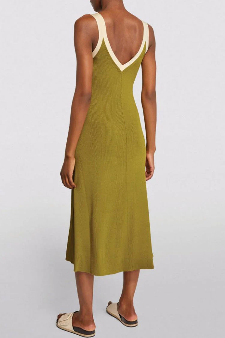Breezy Contrast Trim V Neck Sweater Beach Vacation Midi Dress - Green - Image 2