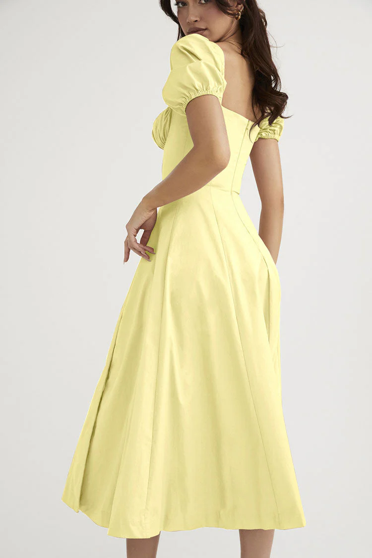 Breezy Off Shoulder Tie Front Puff Sleeve High Slit Midi Sundress - Yellow - Image 2