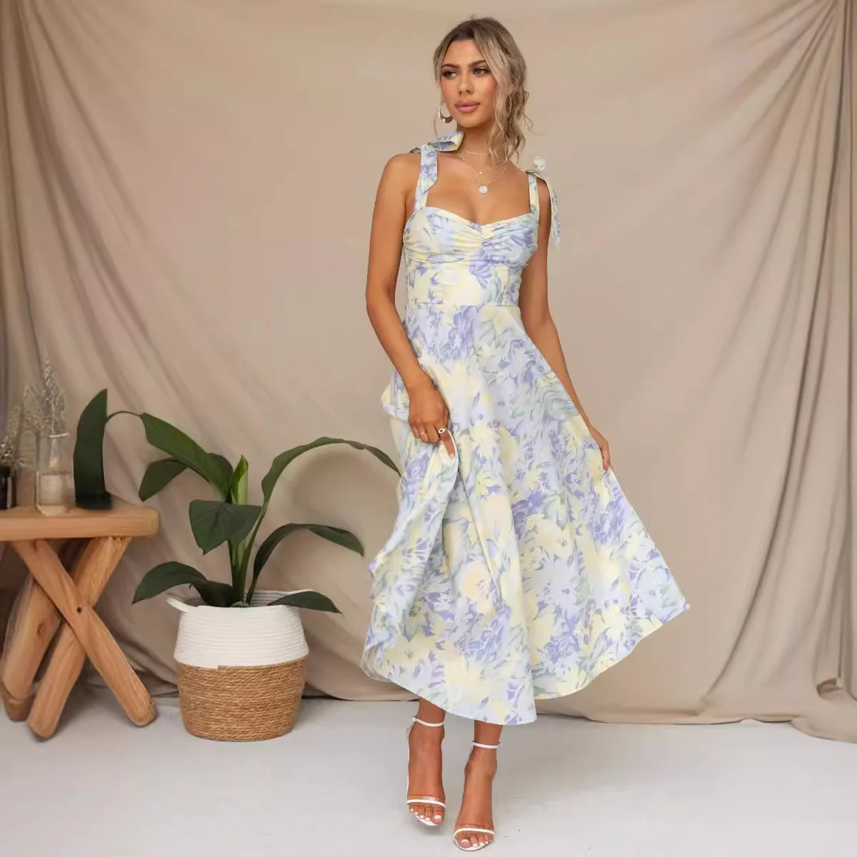 Breezy Tie Strap Fit & Flare Floral Printed Summer Midi Sundress - Blue - Image 2