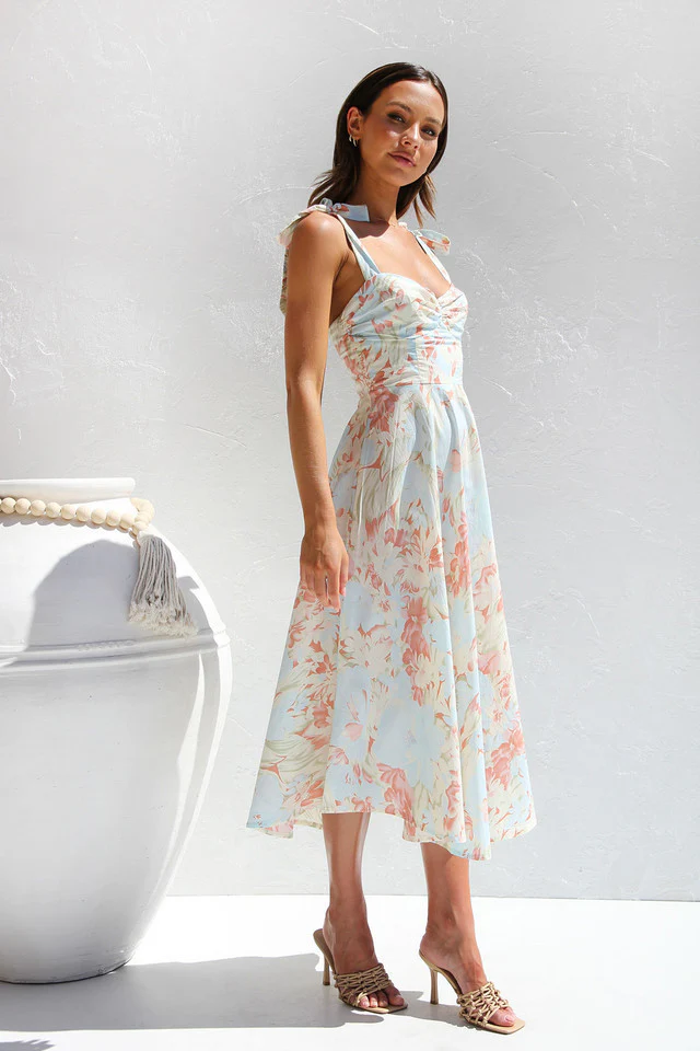 Breezy Tie Strap Fit & Flare Floral Printed Summer Midi Sundress - Apricot - Image 5