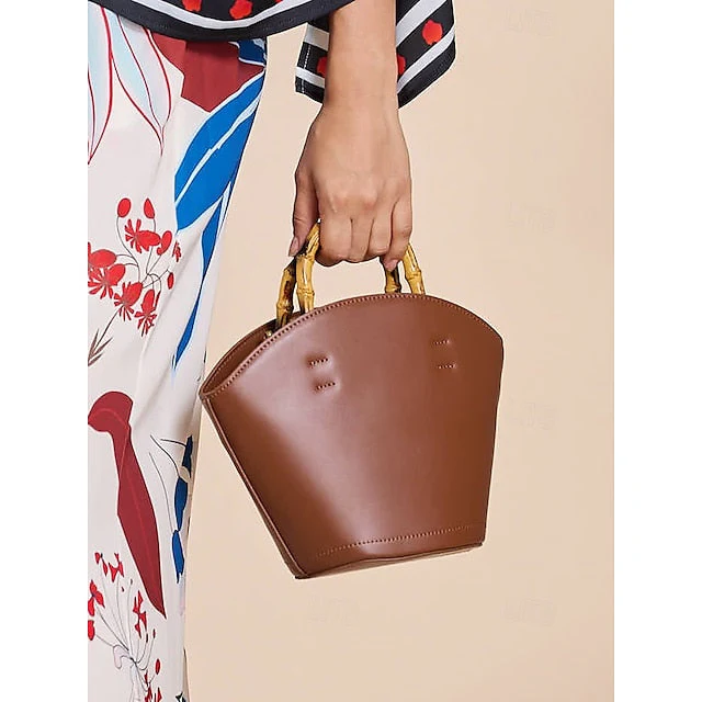 Brown Bamboo Leather Bucket Bag Handle with - Image 2