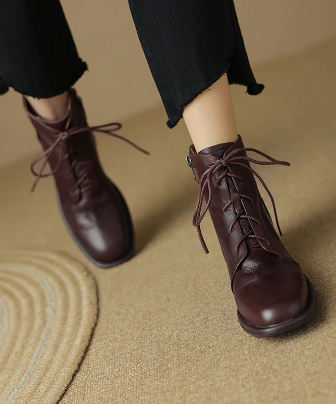 Brown Boots Chunky Cowhide Leather Splicing Cross Strap - Image 3