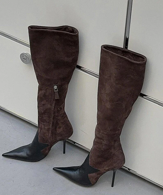 Brown Boots Stiletto Suede Handmade Splicing Pointed Toe - Image 2