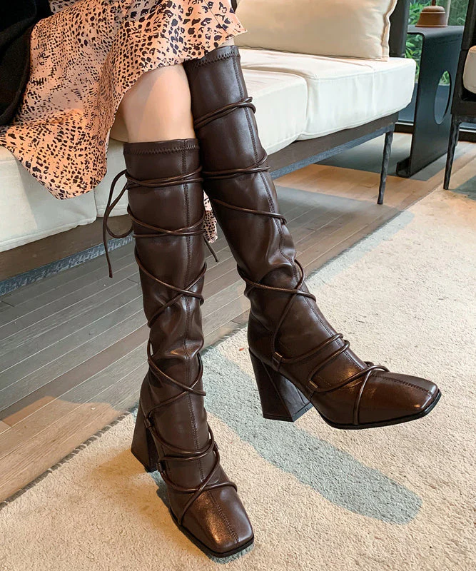 Brown Chunky Faux Leather Boutique Splicing Lace Up Boots - Image 3