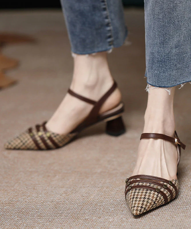 Brown Cotton Fabric Splicing Chunky High Heels Pointed Toe Buckle Strap - Image 4