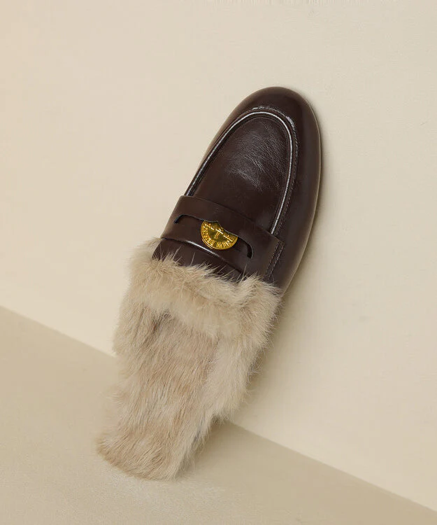 Brown Cowhide Leather Fuzzy Wool Lined Splicing Loafers Slippers - Image 5