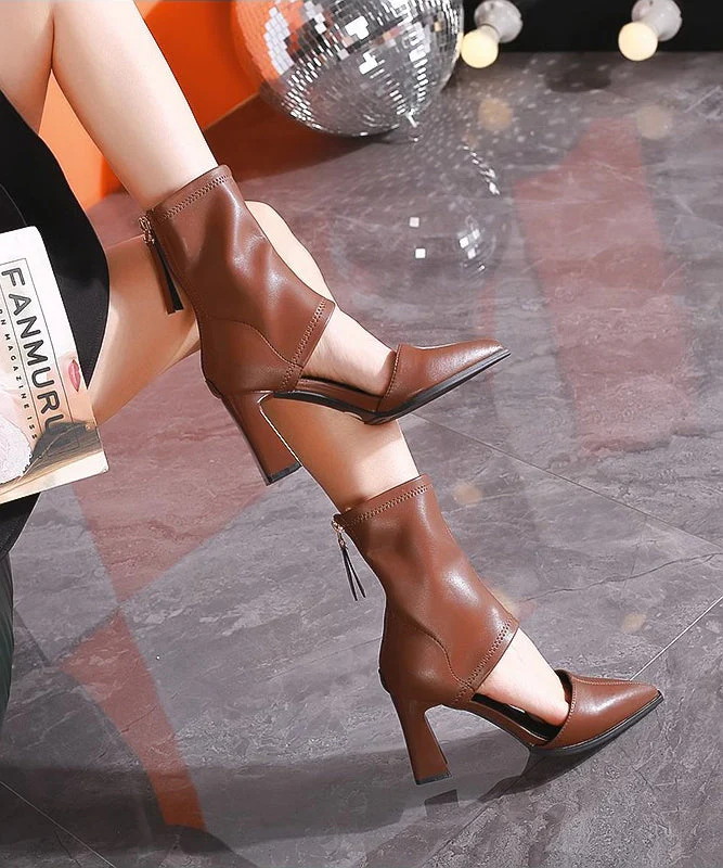 Brown Hollow Out Splicing Chunky Heel Boots Pointed Toe - Image 4