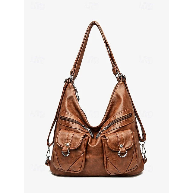 Brown Leather Bag Multiple Faux Pockets with Hobo - Image 2