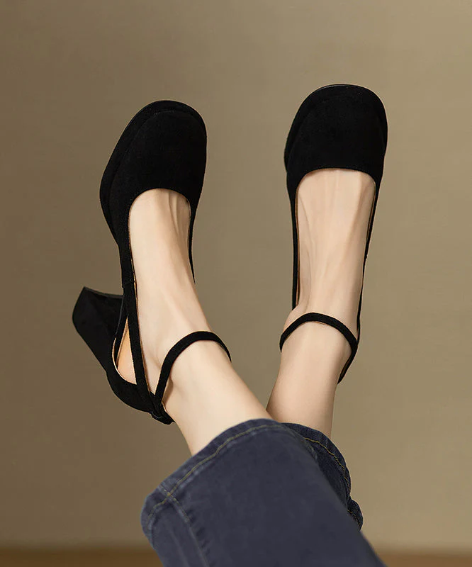 Buckle Hollow Black Heel Splicing Out Chunky Sandals Strap Suede - Image 2