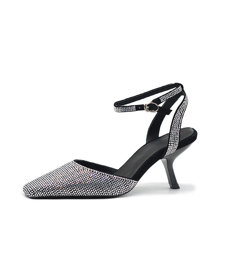 Buckle Sheepskin Heel High Sandals Black Splicing Strap - Image 5