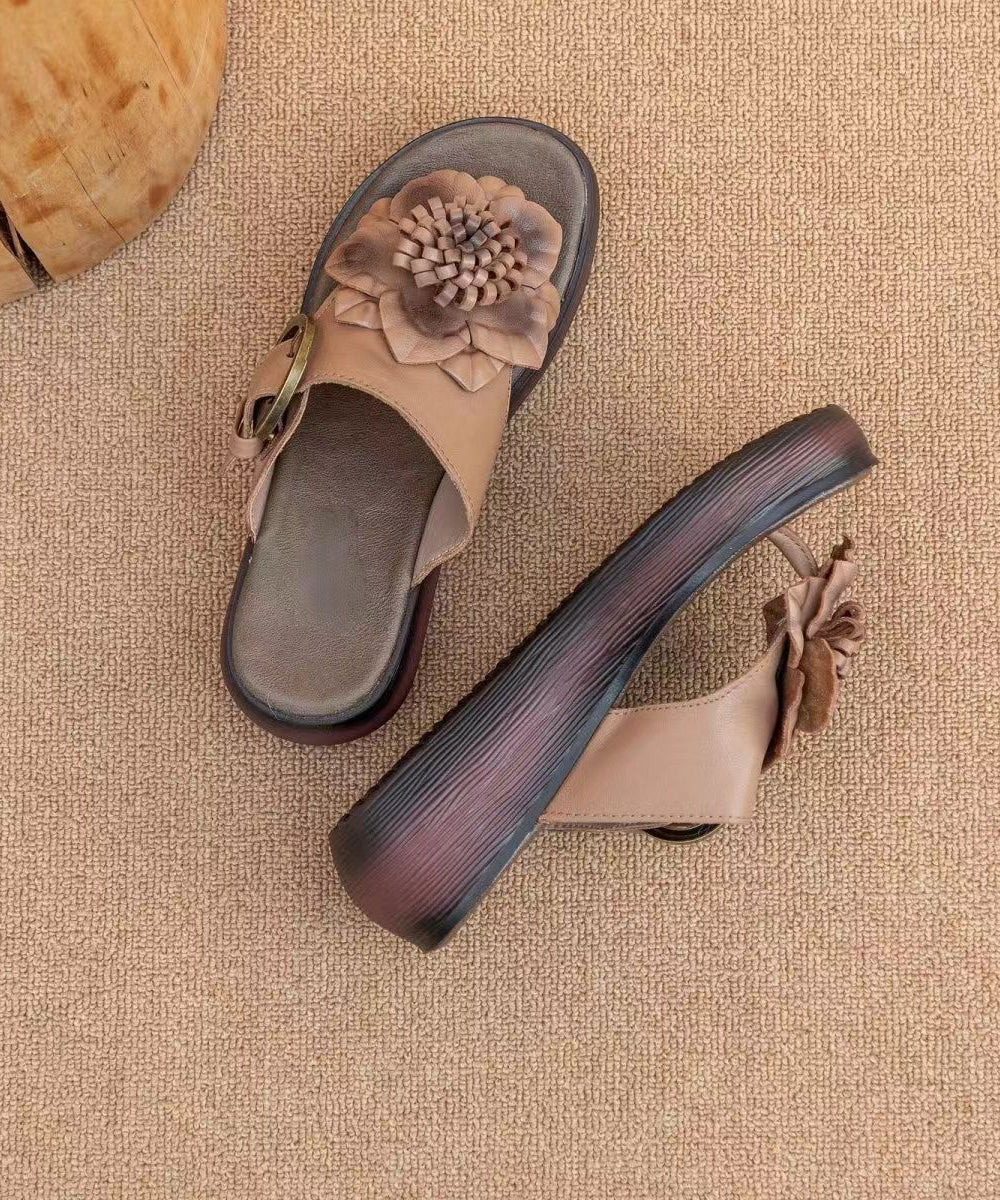 Cameo Brown Floral Handmade Cowhide Leather Wedge Thong Sandals - Image 5