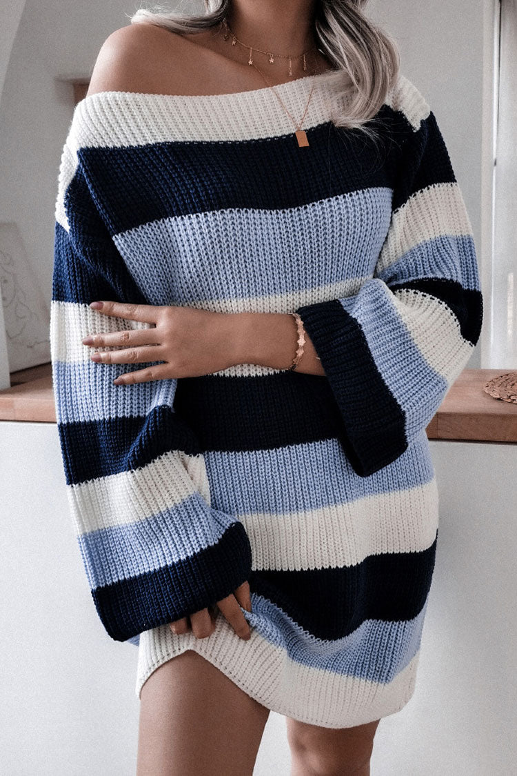 Casual Boat Neck Contrast Striped Oversized Pullover Sweater Mini Dress - Blue - Image 2