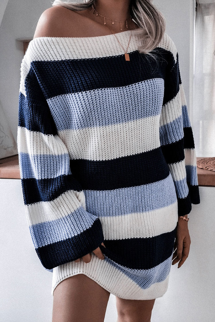 Casual Boat Neck Contrast Striped Oversized Pullover Sweater Mini Dress - Blue - Image 3