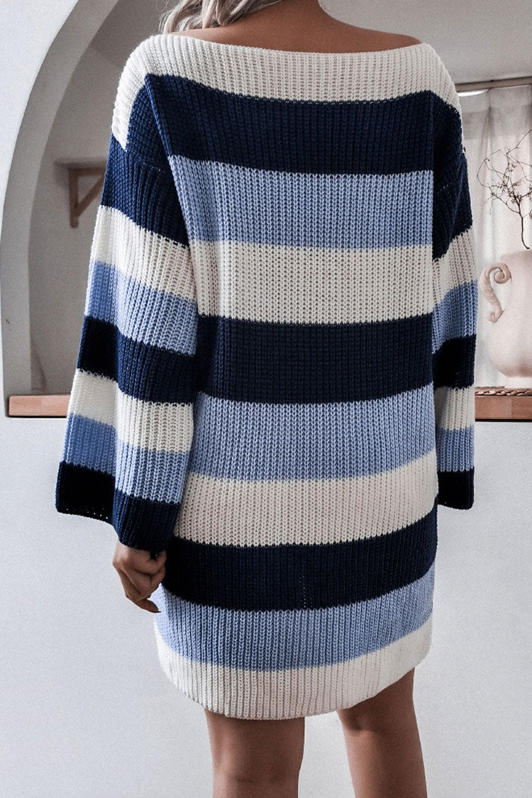 Casual Boat Neck Contrast Striped Oversized Pullover Sweater Mini Dress - Blue - Image 4