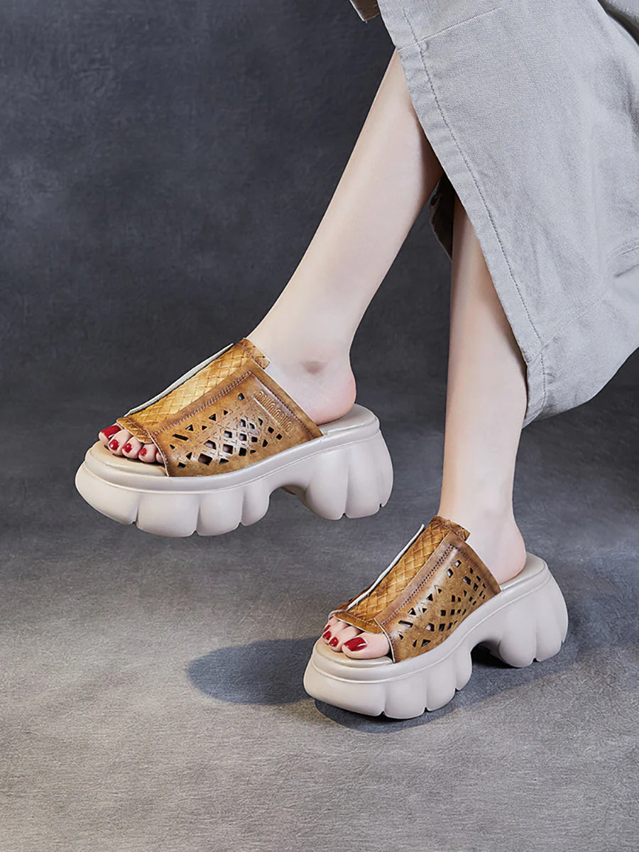 Casual Leather Spliced Platfrom Slippers